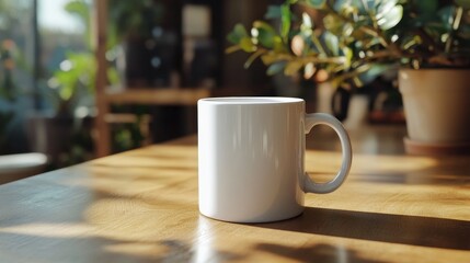 Fototapeta premium A white coffee cup sits on a wooden table in front of a potted plant