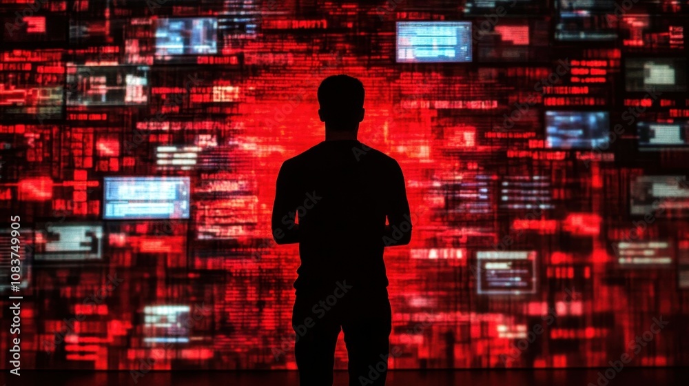 Poster silhouette of a person against a red digital data background with screens displaying code and number