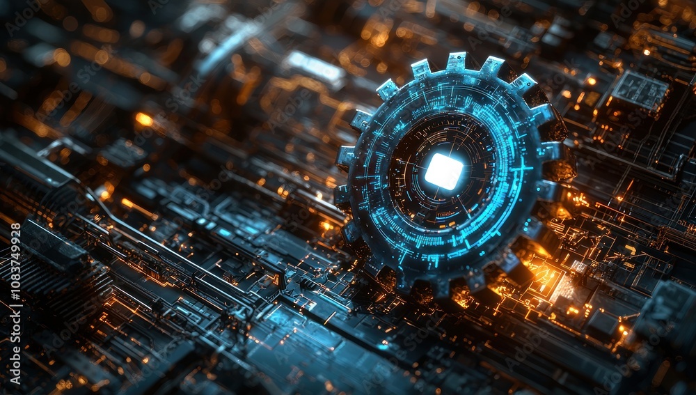 Poster futuristic gear mechanism with glowing circuits and a white square in the center