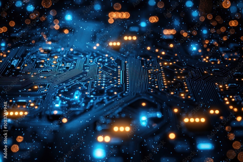 Poster close-up of a circuit board with glowing lights