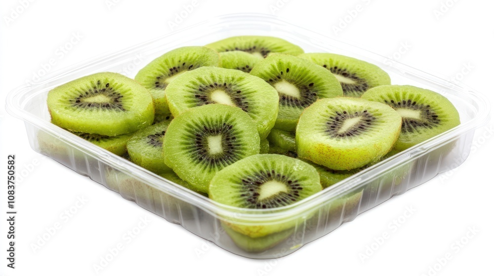Poster A clear container filled with sliced kiwi fruit, showcasing its vibrant green color and texture.
