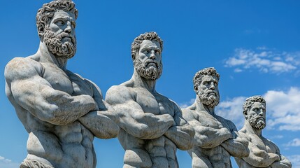 Obraz premium Majestic Stone Statues of Strong Men with Defined Muscles and Beards Against a Clear Blue Sky Illustrating Strength and Power in Sculpture Art