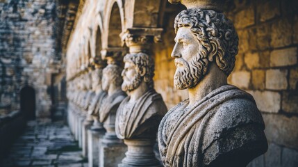 Fototapeta premium Busts of Ancient Philosophers and Heroes Lined on Stone Wall in Historical Location Showcasing Classical Sculpture and Architectural Details Amidst Soft Sunlight