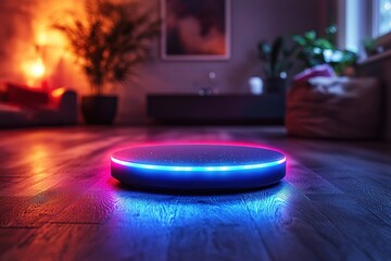 Fototapeta premium Glowing Blue and Pink Circular Platform on Wooden Floor
