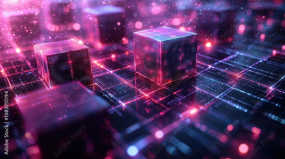 Poster glowing cubes on abstract circuit board with pink and blue lights