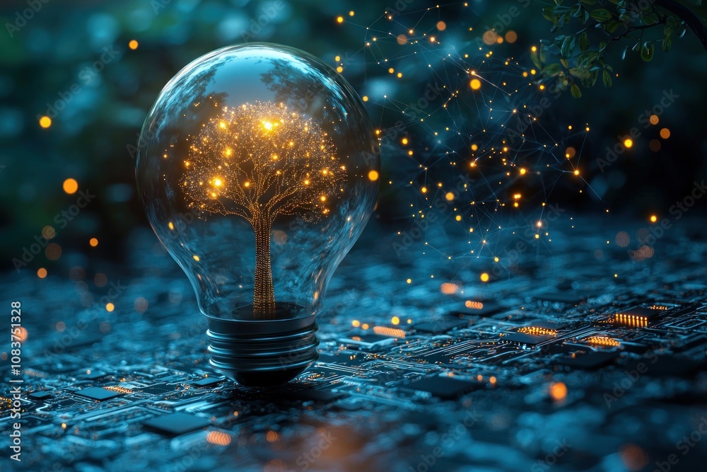 Aufkleber glowing tree inside a light bulb on a circuit board