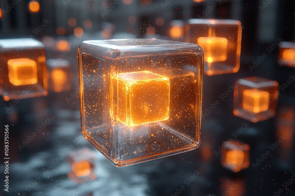 Aufkleber A Glowing Cube Inside a Glass Cube with Blurred Cubes in the Background