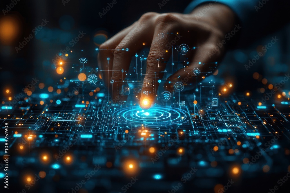 Poster hand interacting with futuristic digital interface