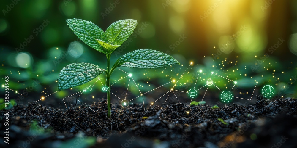 Aufkleber a single sprout emerging from rich soil, connected to abstract technology icons