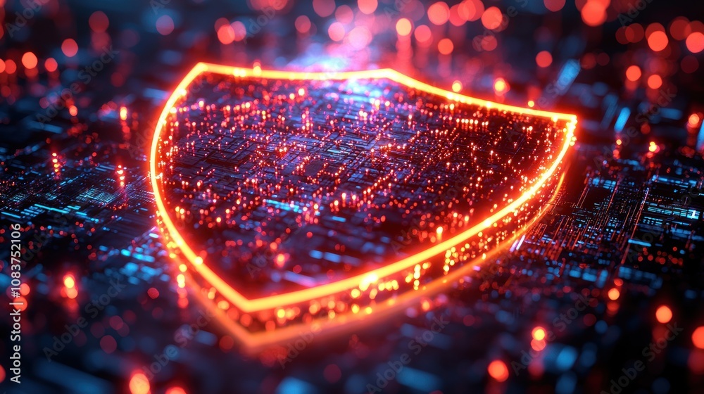 Poster glowing shield over circuit board with red and blue lights