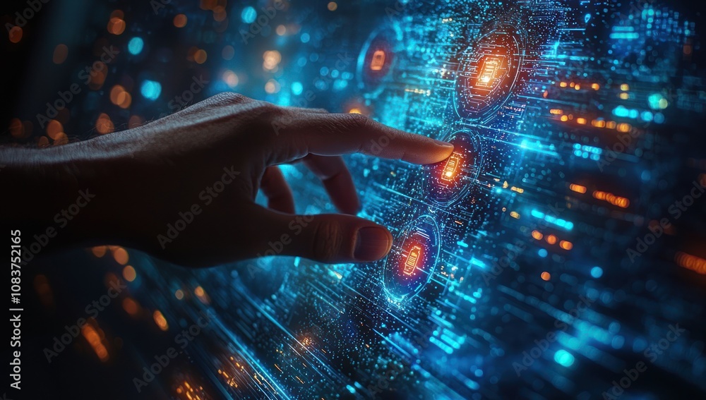 Aufkleber hand interacting with a holographic interface with futuristic icons