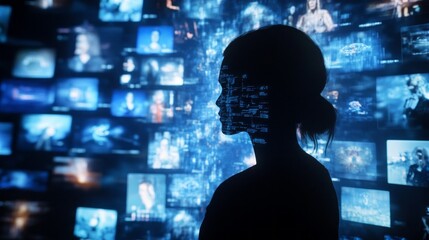 A woman's face is projected onto a wall of screens