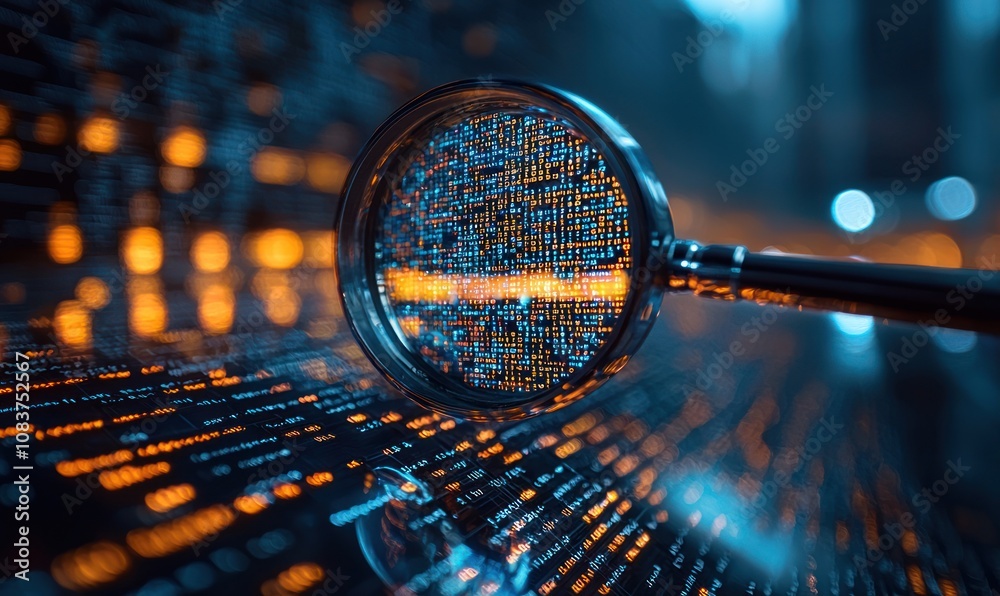 Poster Magnifying Glass Enlarging a Field of Binary Code