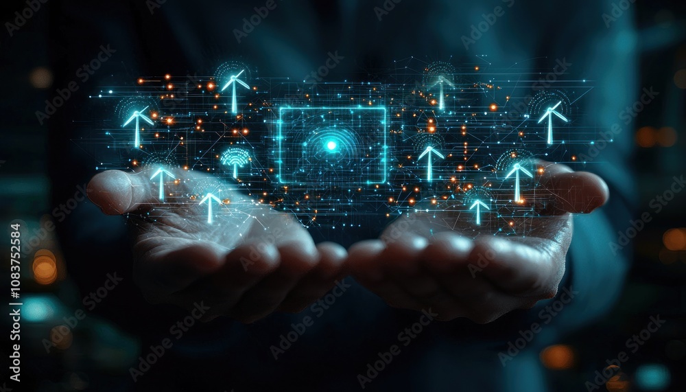 Poster Hands Holding a Futuristic Digital Interface with Arrows and a Circuit Board Pattern