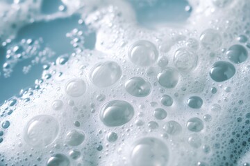 Close-up image of bubbles in soapy water, showcasing a blend of transparent and white foam, Ideal for use in cleaning product advertisements, skincare promotional materials