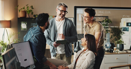 Collaboration, people and tablet in web design or office for teamwork, brainstorming and planning....