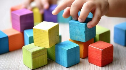 Fototapeta premium Young child meticulously stacking brightly colored wooden blocks, showcasing fine motor skills development and focus on simple pattern arrangement.