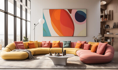 Modern Curved Sofa in Contemporary Living Room with Abstract Art