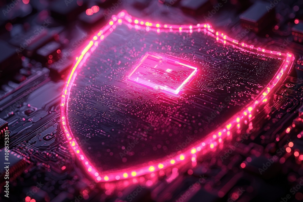 Poster a glowing pink shield symbol on a circuit board