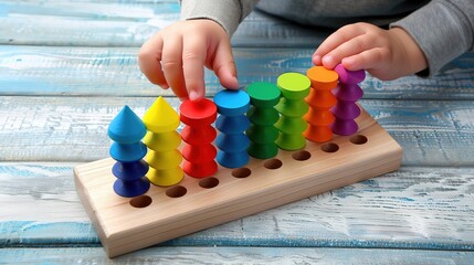 Young child meticulously stacking brightly colored wooden blocks, showcasing fine motor skills development and focus on simple pattern arrangement.