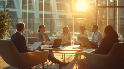 Business Professionals Meeting in a Modern Office with Sunlight Streaming Through Windows