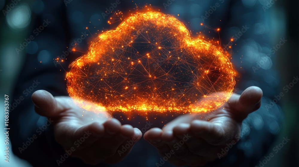 Poster A Person Holding a Fiery Cloud-Shaped Network of Lines and Dots