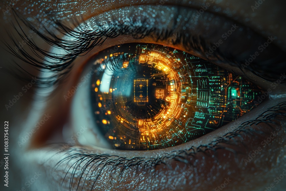 Poster a human eye with a futuristic digital interface displayed in the pupil