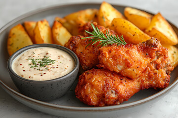 Fototapeta premium In the image, crispy chicken pieces and thick, seasoned potato wedges are arranged around a bowl of creamy, rosemary-infused dipping sauce.