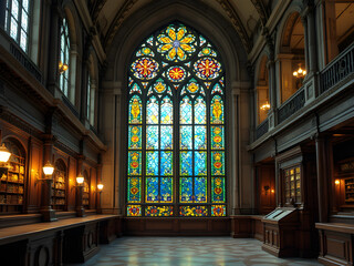 Fototapeta premium Gothic Library Stained Glass Window, High Ceiling, Arch, Blue Red Green Yellow, Tranquil, Scholarly, Awe-Inspiring