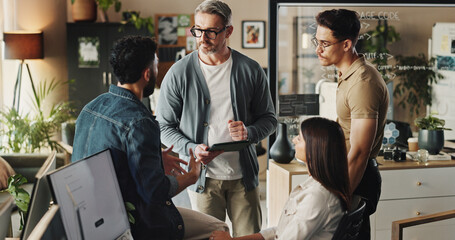 Teamwork, group of people and tablet in web design with collaboration, brainstorming and planning....