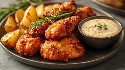 Fototapeta premium In the image, crispy chicken pieces and thick, seasoned potato wedges are arranged around a bowl of creamy, rosemary-infused dipping sauce.