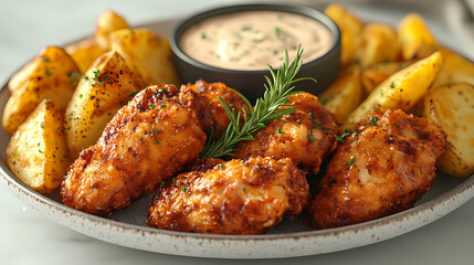The image depicts a platter filled with crispy, golden-brown chicken pieces and thick, seasoned potato wedges, arranged around a small bowl of creamy, rosemary-infused dipping sauce.