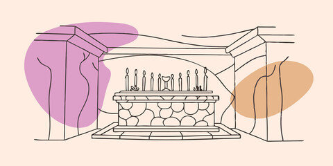 Deserted Temple An aged temple with crumbling stone walls in the center a large stone altar is illuminated by numerous candles. The runes on the altar glow warmly hinting at the