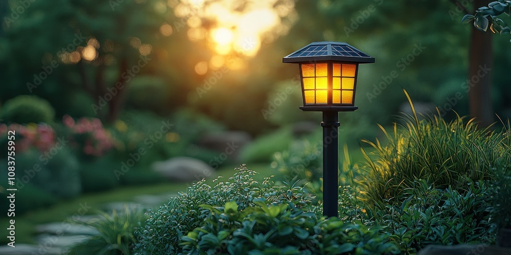 Poster Illuminated Solar-Powered Lantern in a Lush Garden Setting