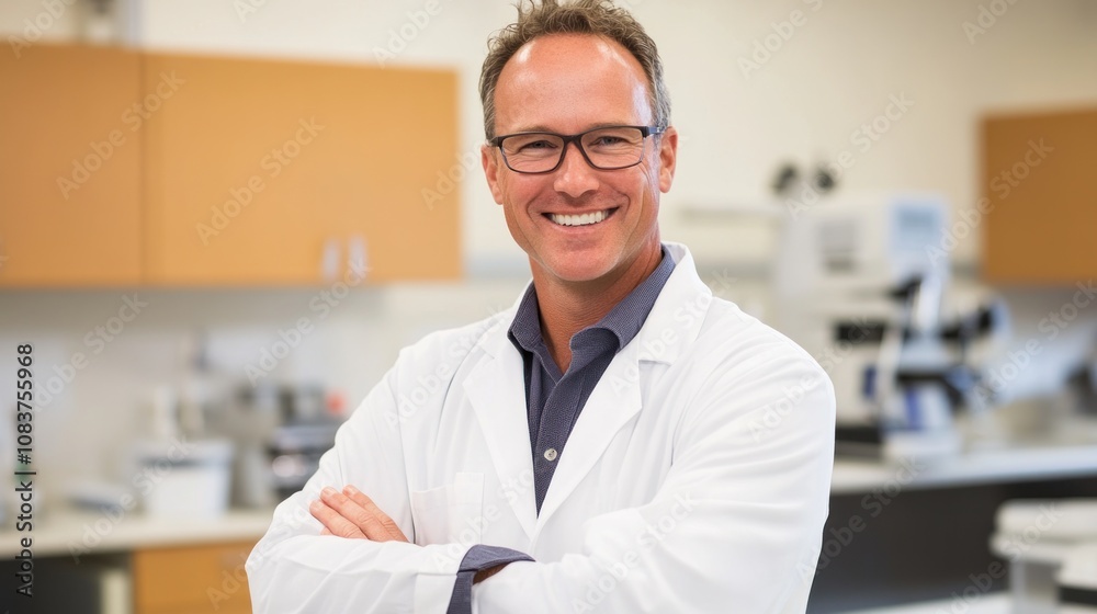 Poster A smiling scientist in a lab coat, posing confidently in a laboratory setting.