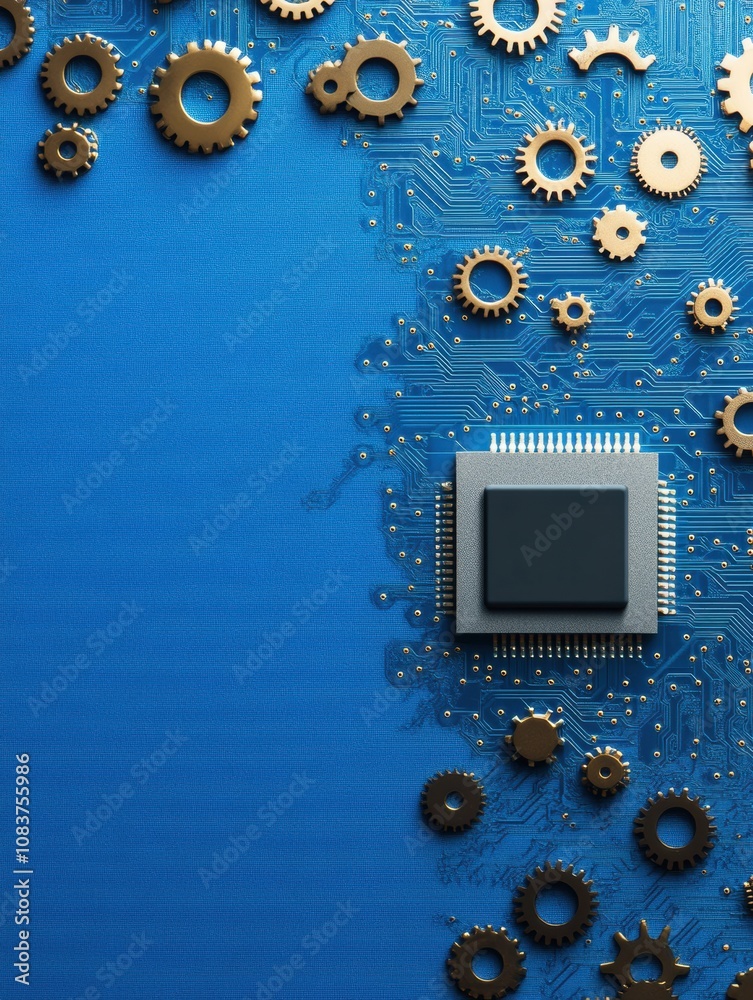 Aufkleber the artwork features a microprocessor surrounded by golden gears, elegantly arranged on a vibrant bl