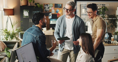 Collaboration, group of people and tablet in web design with teamwork, brainstorming and planning....