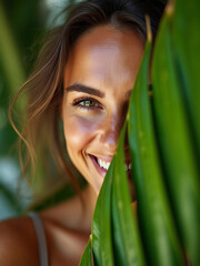 Fototapeta premium Close up: young woman with natural makeup holds a big green leaf on a blurred green background. Spa and wellness. 