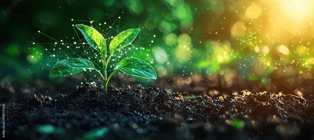 Aufkleber A Young Sprout Emerging From Soil With Glowing Network Around It