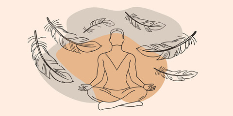 Fototapeta premium Floating Serenity Envision a meditative pose with a radiant aura as light airy feathers hover and swirl in slow motion reflecting serene vibrations that align with the individuals