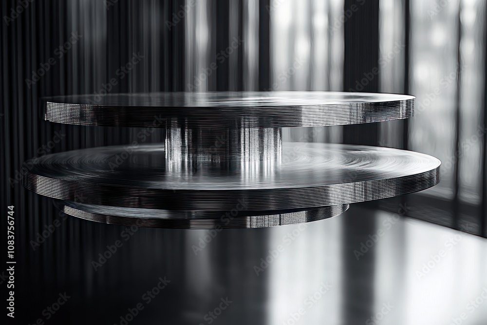 Poster two circular metal platforms in a dark and light room
