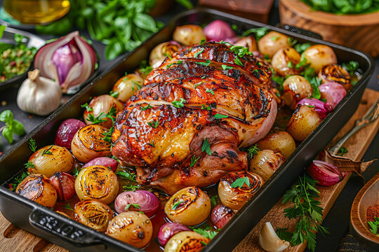 Delicious eisbein with roasted onions being served on black rectangular plate