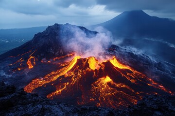 Fototapeta premium Indonesia volcano surrounded by sulfur gases and extreme volcanic activity, creating otherworldly scenery