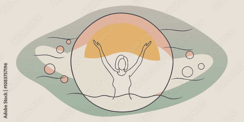 Poster Harmony in Motion A graceful figure floats effortlessly in a glowing bubble filled with swirling patterns of light. The luminous colors blend together like a sunset reflecting a