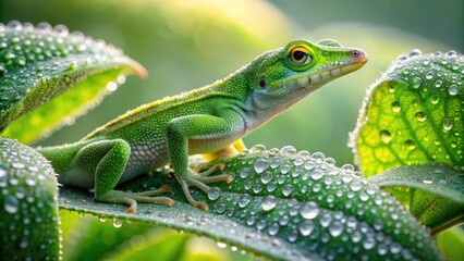 Fototapeta premium Double Exposure of Green Anole Lizard on Lambs Ear Leaf with Water Droplets - Nature Photography, Wildlife, Reptiles, Macro, Greenery,
