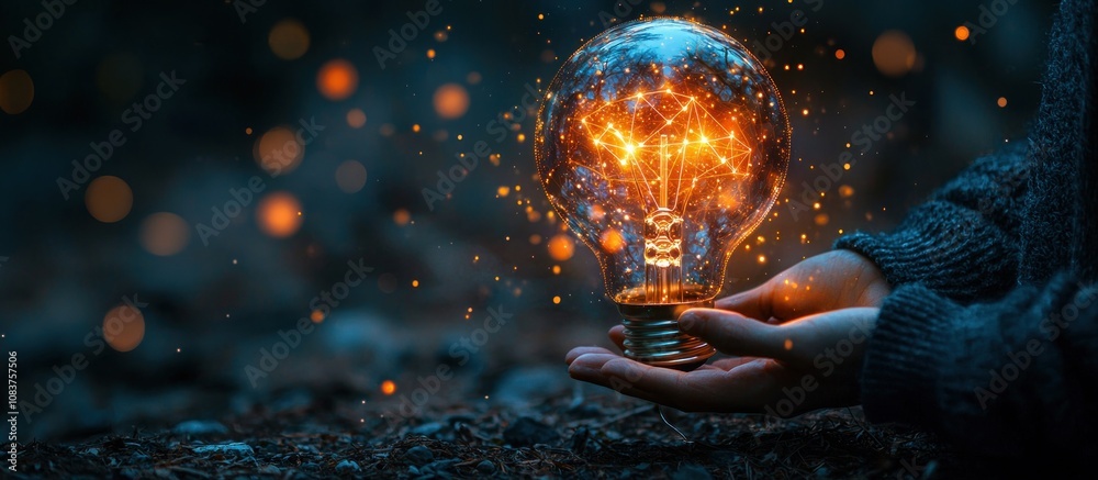 Poster a hand holding a glowing light bulb with a network of sparks