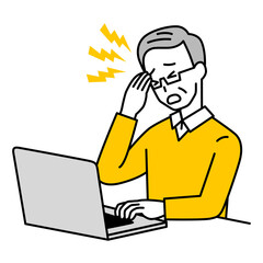 ノートパソコンの仕事中に頭痛がつらい年配の男性