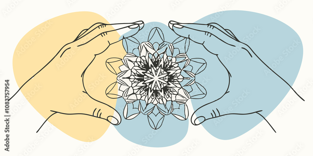 Poster Mandala Manifestation Both hands create circular motions in the air forming intricate patterns of light that expand outward in a symmetrical design. This emanates a colorful