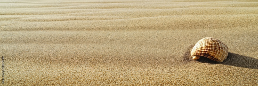 Poster a single seashell is nestled in soft sand on a tranquil beach, illuminated by the warm glow of the s