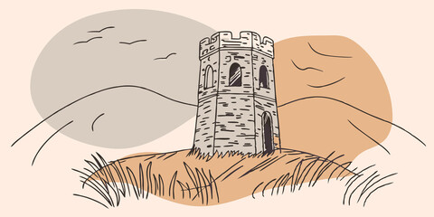 Obraz premium Mountain View Sanctuary Remnants of an ancient tower perched on a ridge overlooking distant mountains. The walls are worn but majestic and a carpet of soft grass provides a